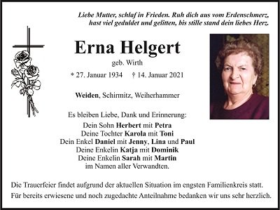 Traueranzeige Erna Helgert Weiden 400x300