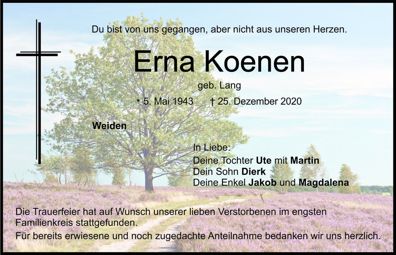 Traueranzeige Erna Koenen, Weiden