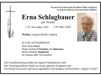 Traueranzeige Erna Schlagbauer 400