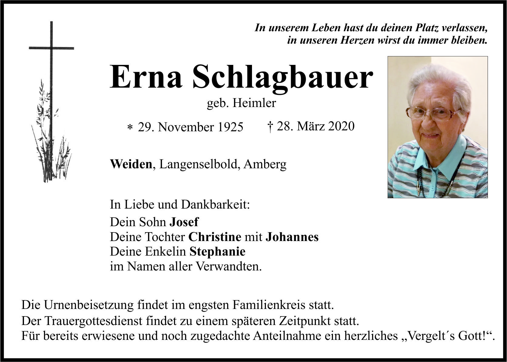 Traueranzeige Erna Schlagbauer