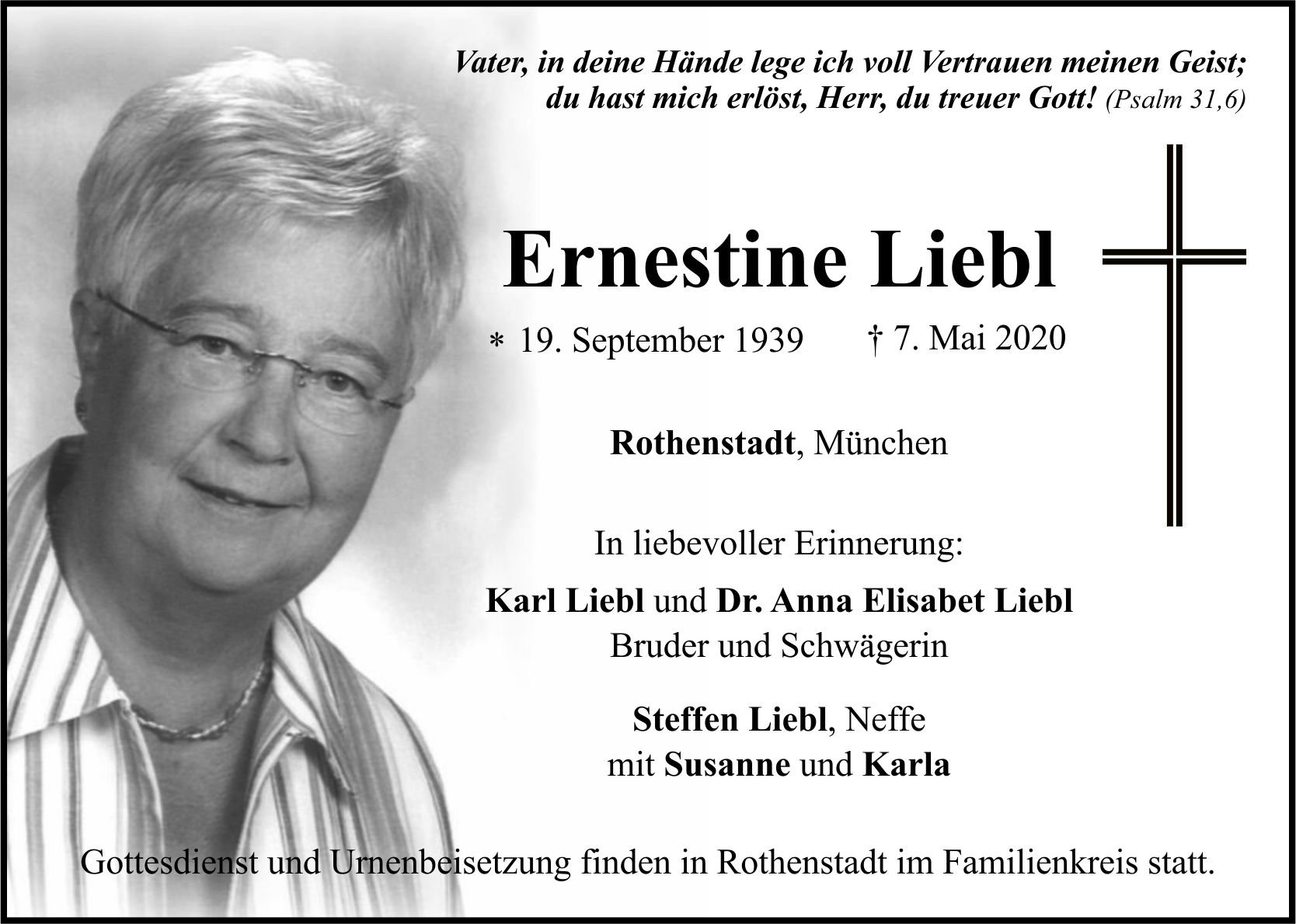 Traueranzeige Ernestine Liebl