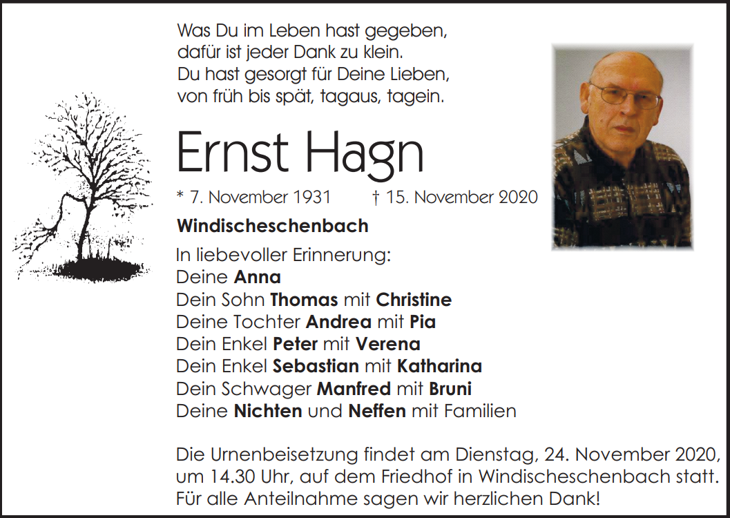 Traueranzeige Ernst Hagn, Windischeschenbach