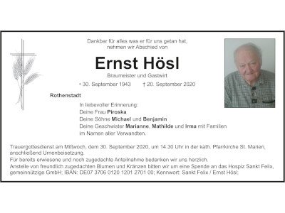 Traueranzeige Ernst Hösl, Rothenstadt 400x300