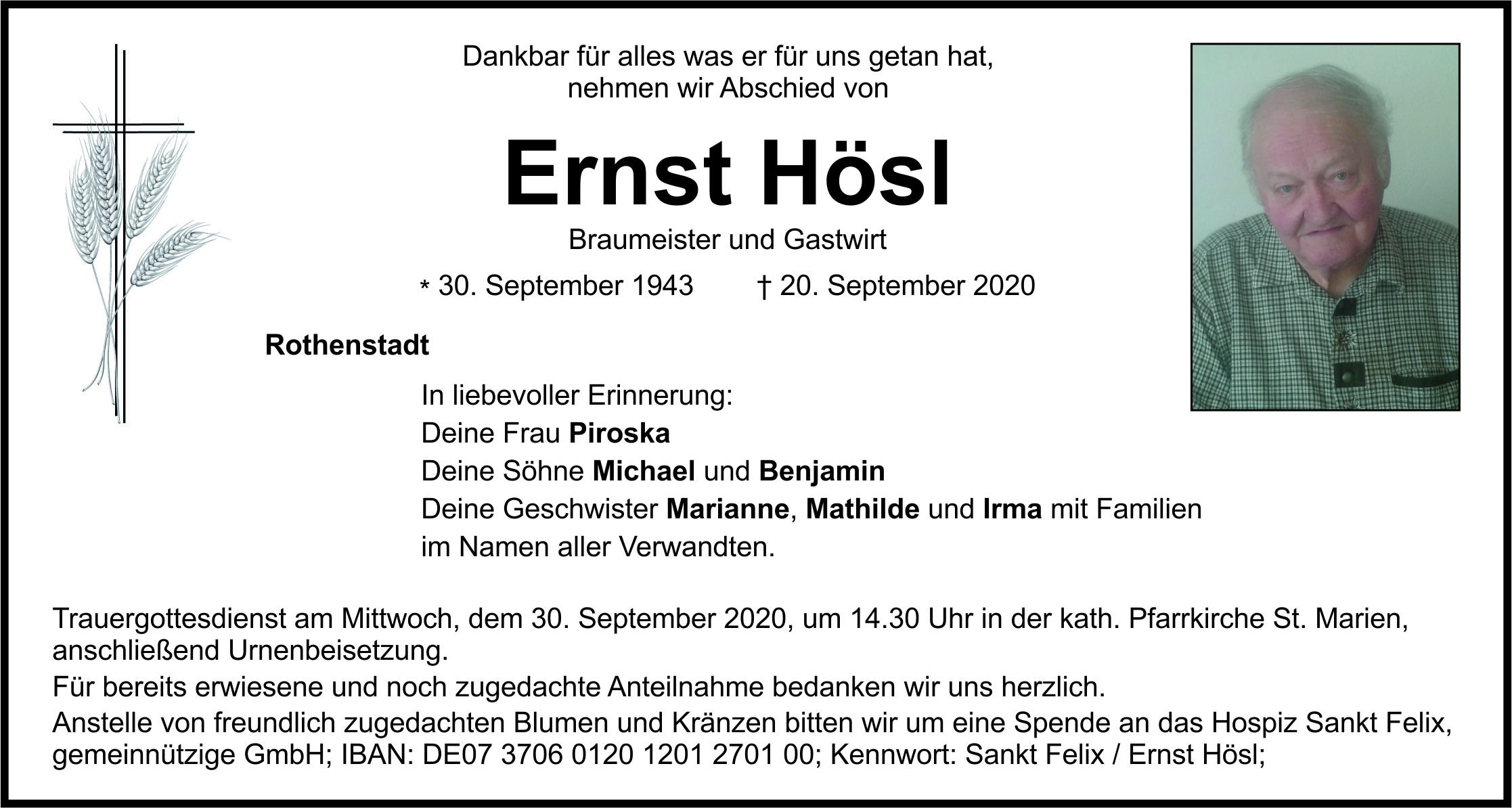 Traueranzeige Ernst Hösl, Rothenstadt