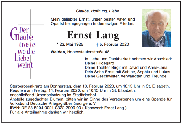 Traueranzeige Ernst Lang Weiden