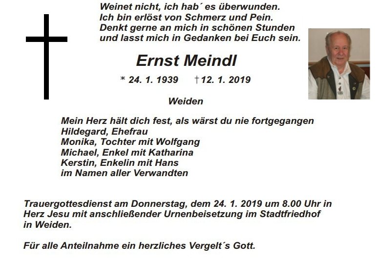 Traueranzeige Ernst Meindl Weiden Bestattungen Schmitz