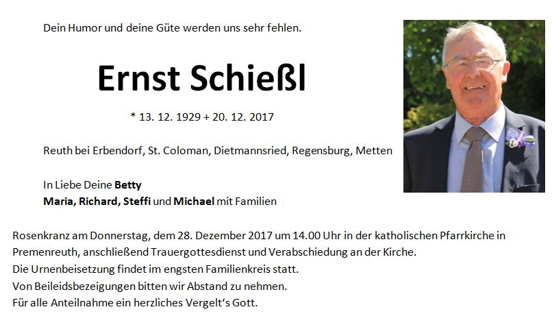 Traueranzeige Ernst Schießl Reuth bei Erbendorf