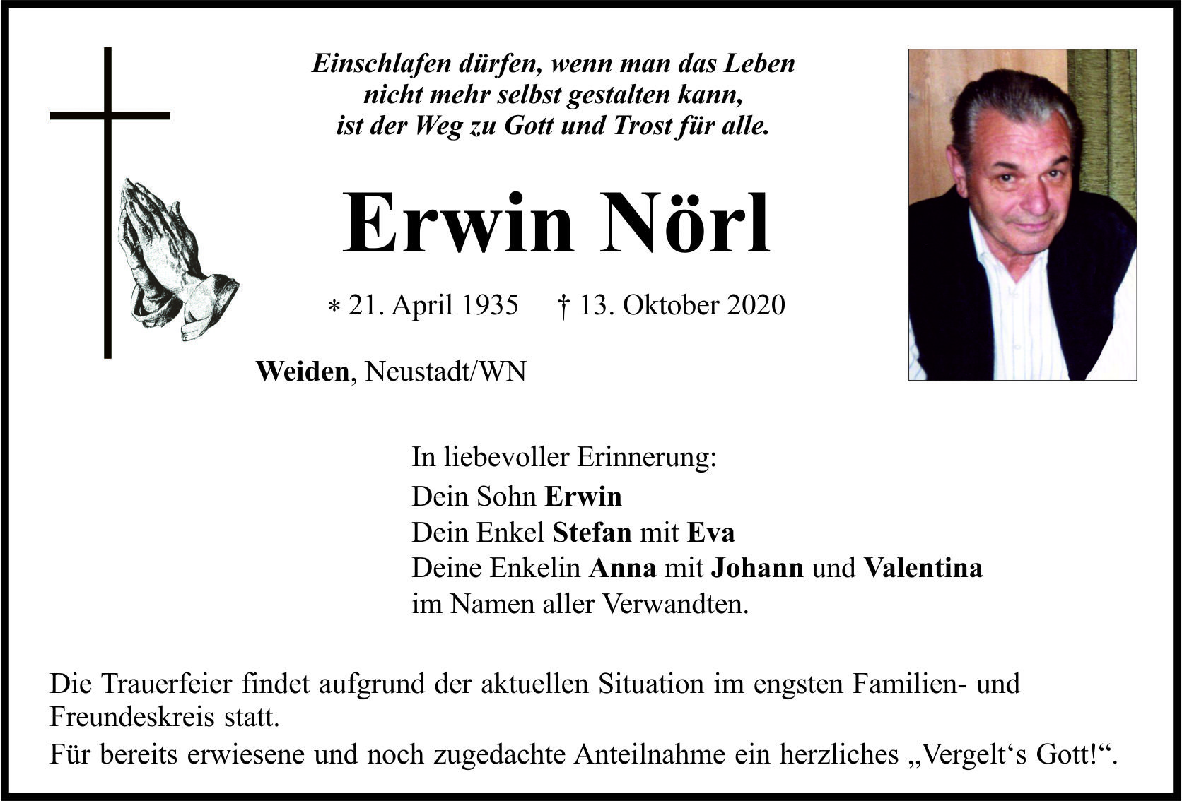 Traueranzeige Erwin Nörl, Weiden