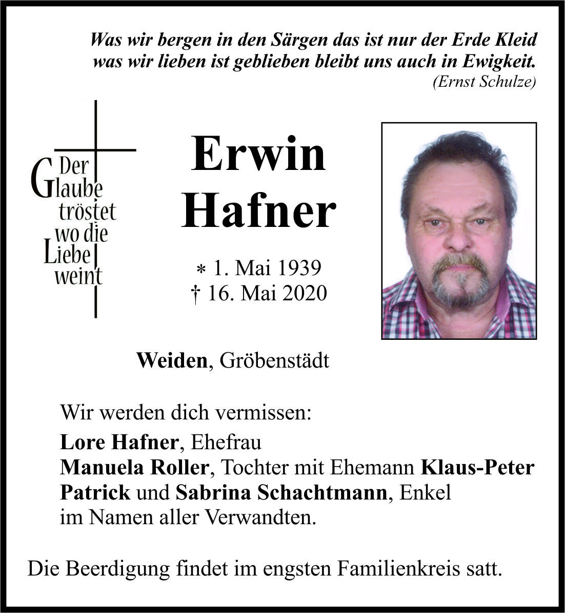 Traueranzeige Erwin Hafner