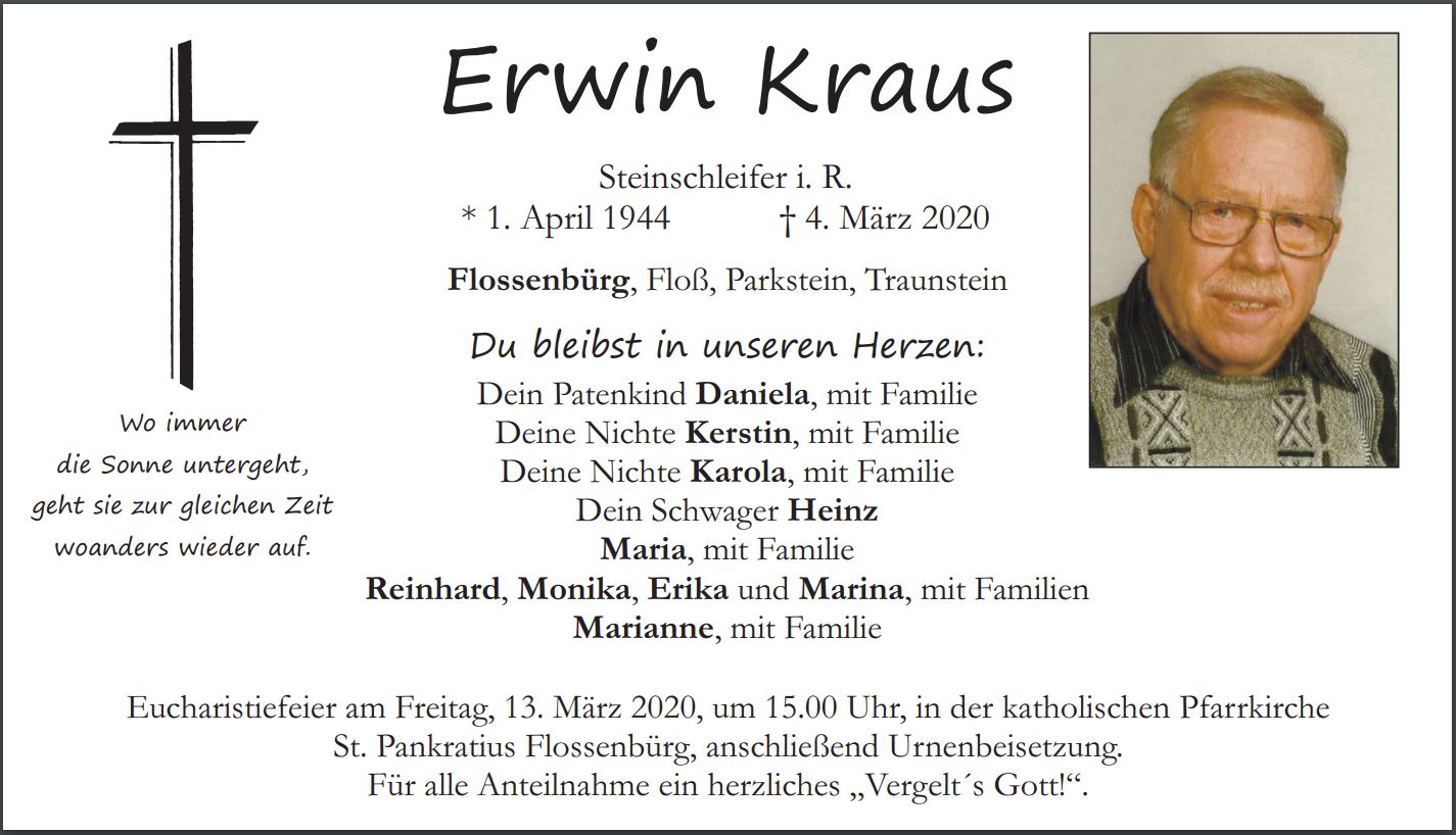 Traueranzeige Erwin Kraus, Flossenbürg