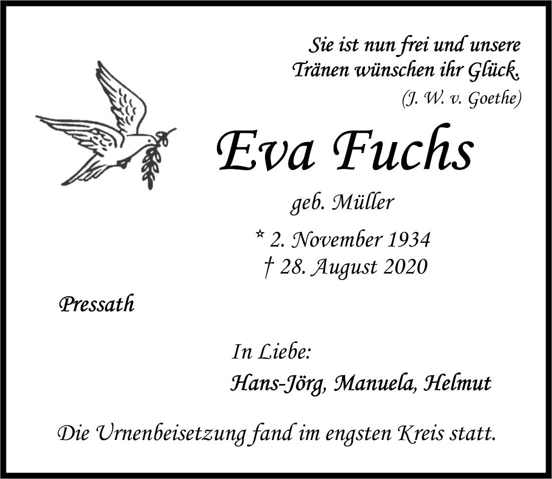 Traueranzeige Eva Fuchs, Pressath