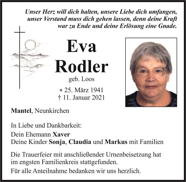 Traueranzeige Eva Rodler Mantel