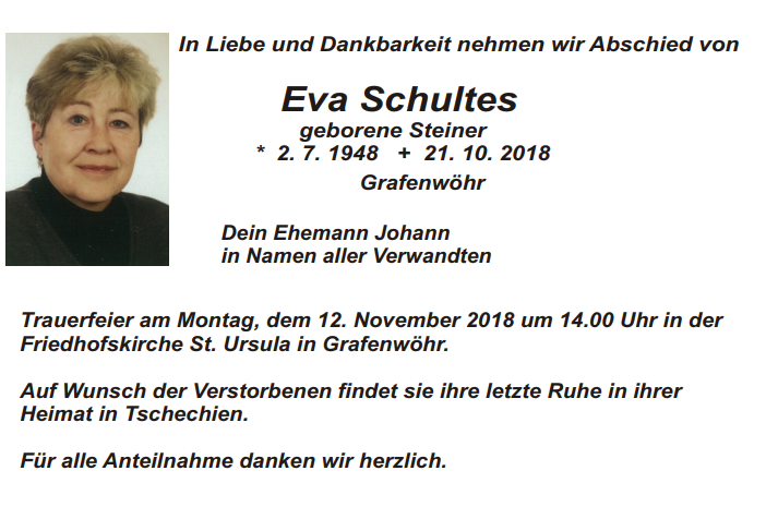 Traueranzeige Eva Schultes Grafenwöhr