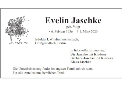 Traueranzeige Evelin Jaschke, Edeldorf 400 300
