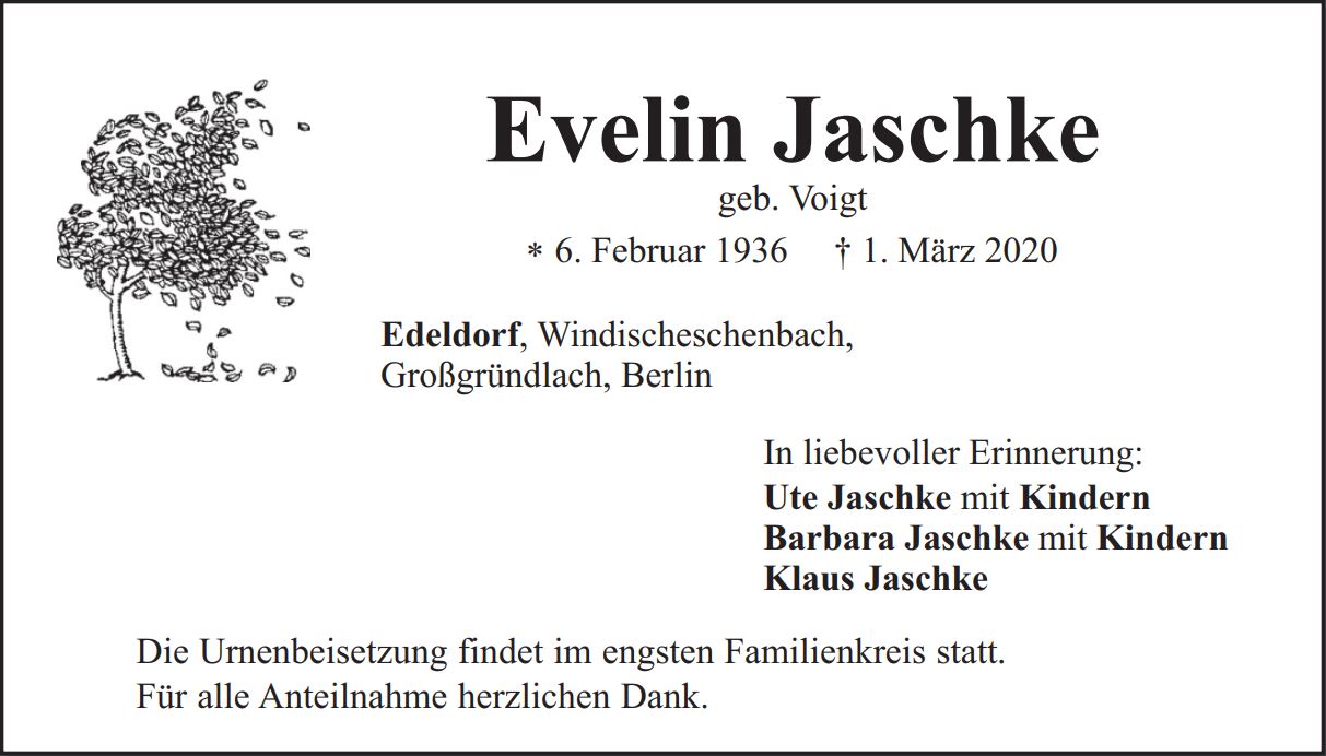 Traueranzeige Evelin Jaschke, Edeldorf