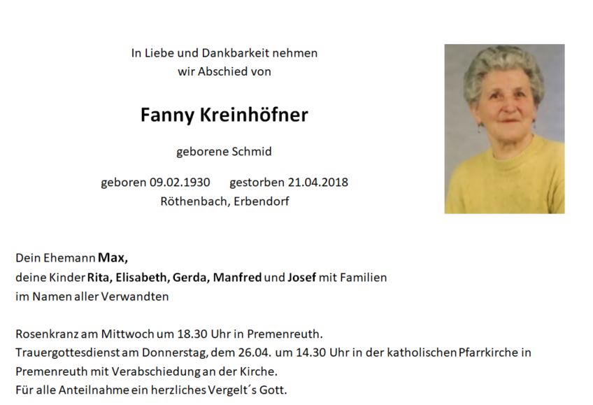 Traueranzeige Fanny Kreinhöfner Röthenbach