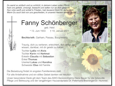 Traueranzeige Fanny Schönberger, Bechtsrieth 400x300