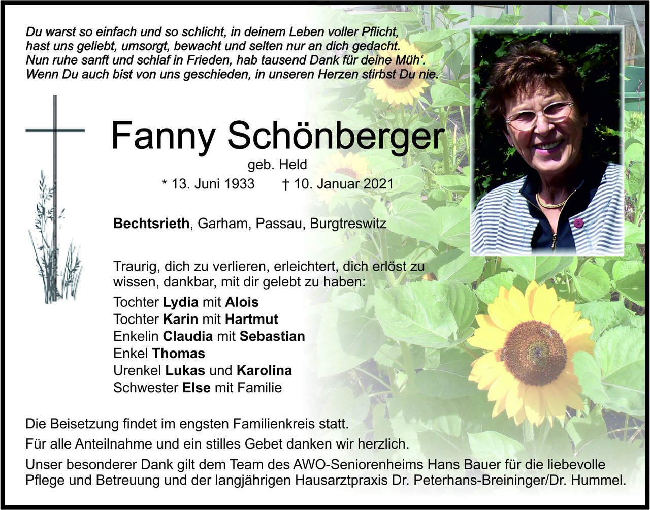 Traueranzeige Fanny Schönberger, Bechtsrieth