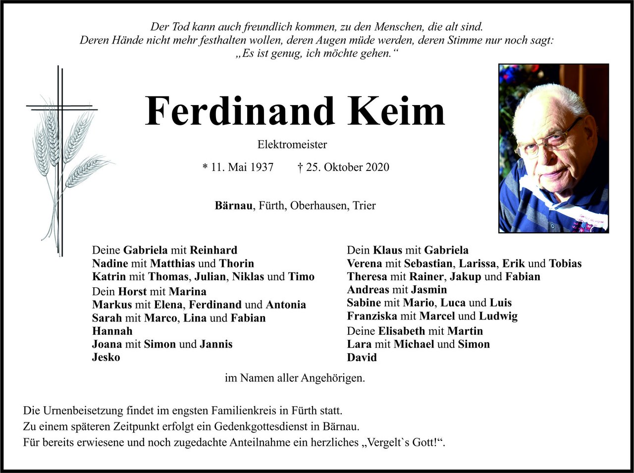 Traueranzeige Ferdinand Keim, Bärnau