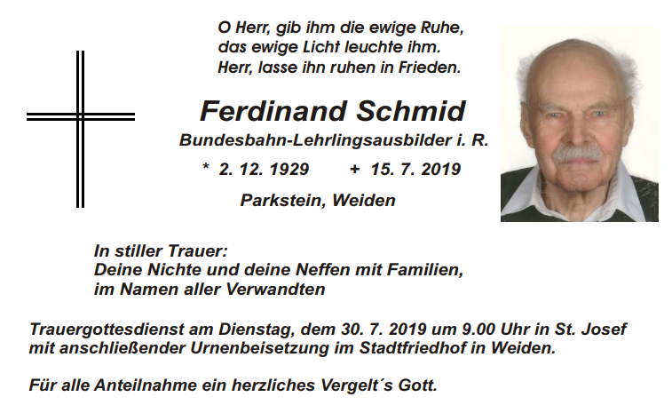 Traueranzeige Ferdinand Schmid Parkstein