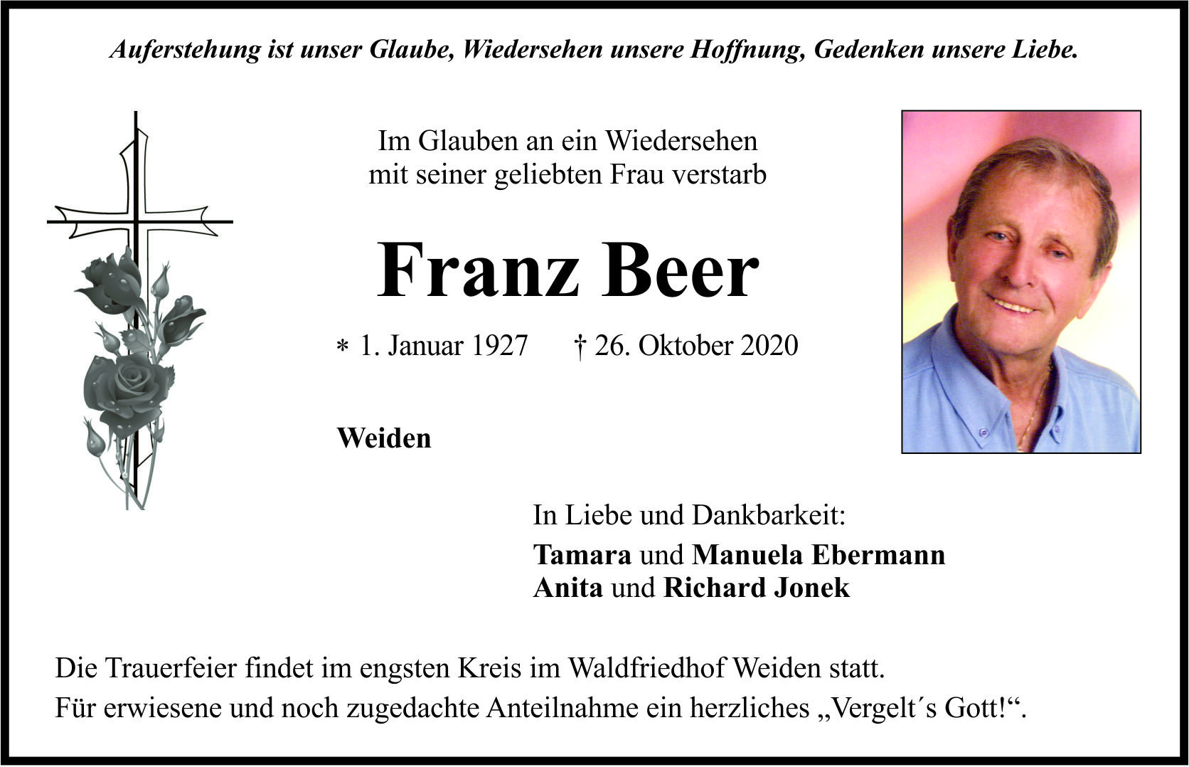Traueranzeige Franz Beer, Weiden