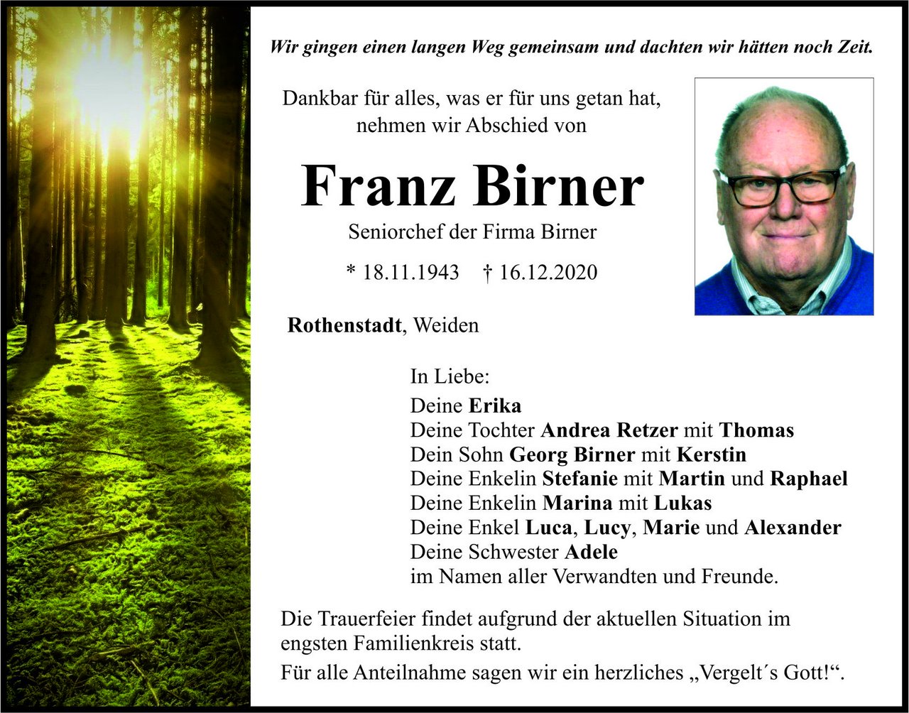 Traueranzeige Franz Birner, Rothenstadt