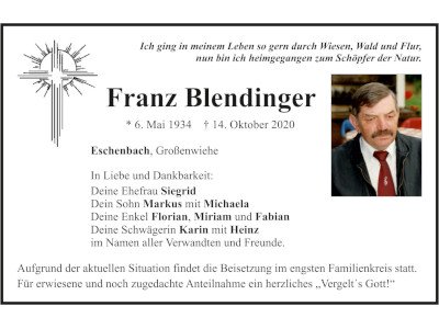Traueranzeige Franz Blendinger, Eschenbach 400x300