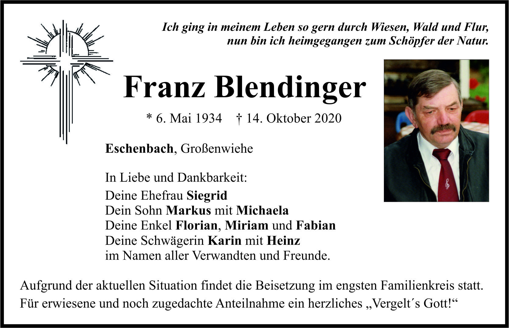 Traueranzeige Franz Blendinger, Eschenbach