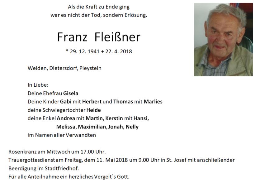 Traueranzeige Franz Fleißner Weiden