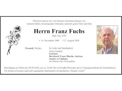 Traueranzeige Franz Fuchs, Pressath Weiden 400 300