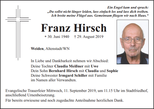 Traueranzeige Franz Hirsch Weiden