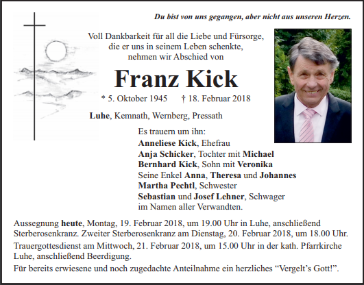 Traueranzeige Franz Kick, Luhe