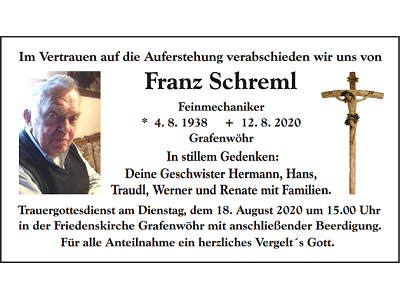 Traueranzeige Franz Schreml Grafenwöhr 400x300