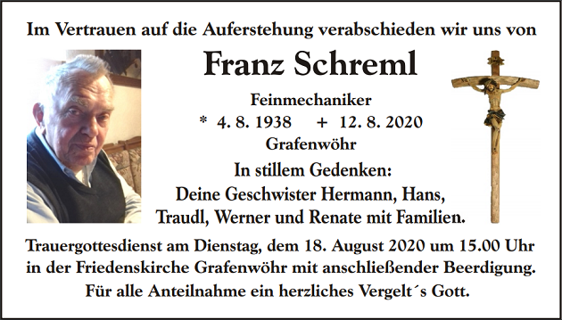 Traueranzeige Franz Schreml Grafenwöhr