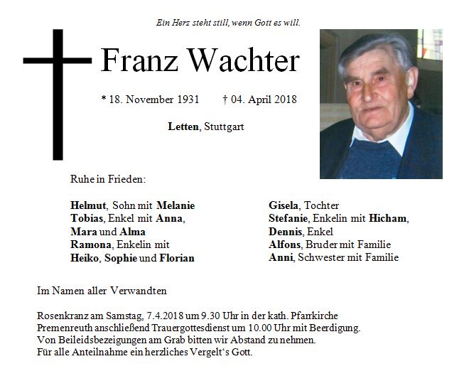 Traueranzeige Franz Wachter