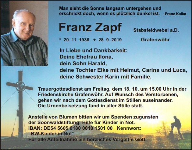 Traueranzeige Franz Zapf Grafenwöhr