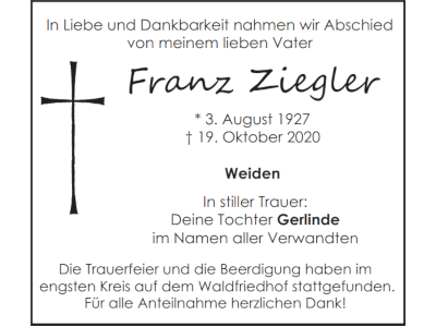 Traueranzeige Franz Ziegler, Weiden 400x300
