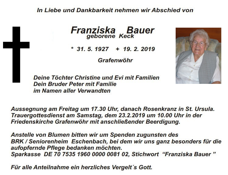 Traueranzeige Franziska Bauer Grafenwöhr
