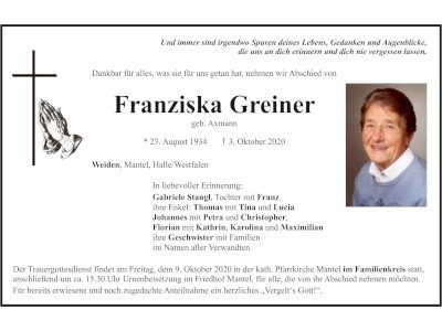 Traueranzeige Franziska Greiner, Weiden 400x300