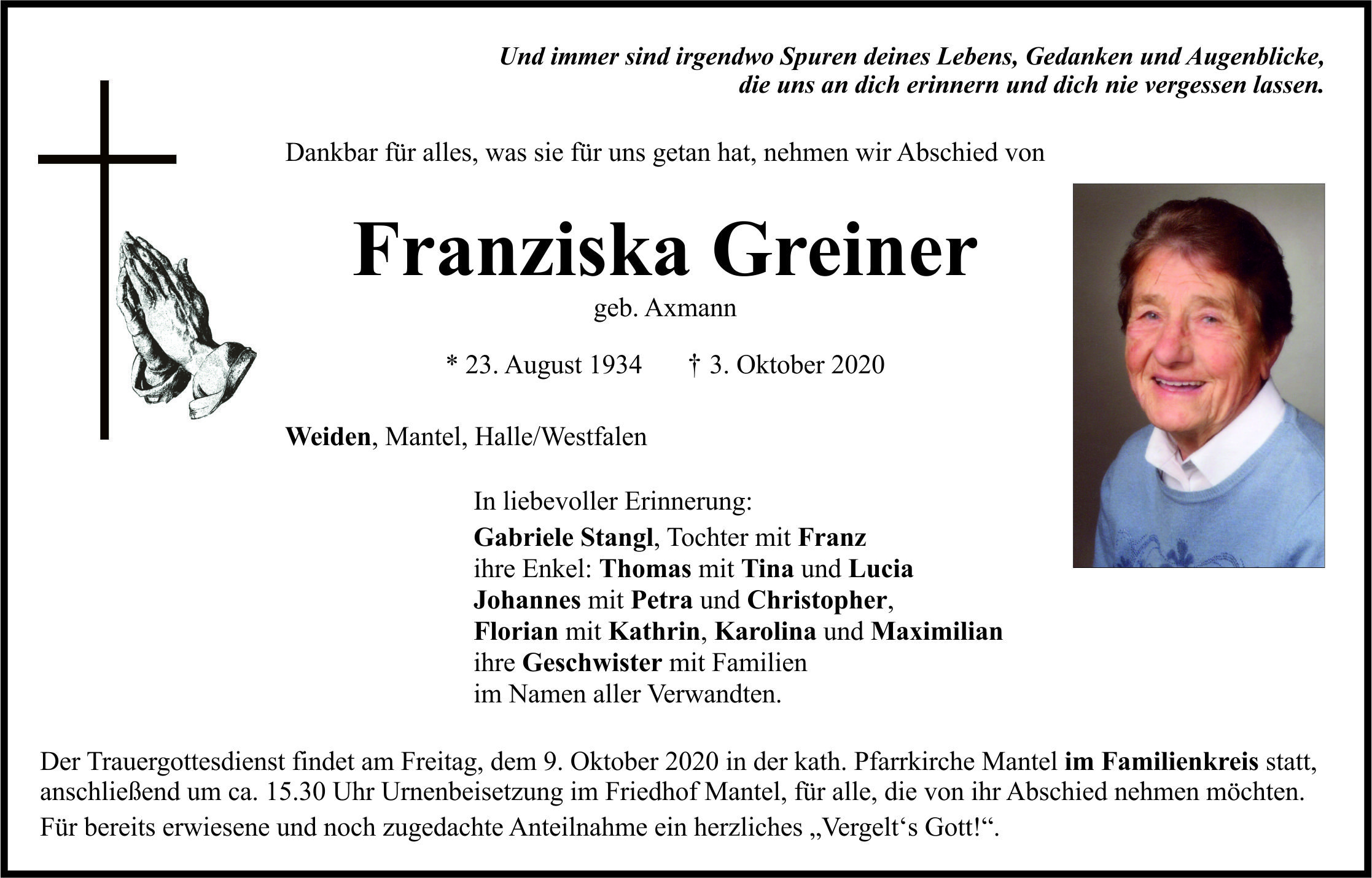 Traueranzeige Franziska Greiner, Weiden