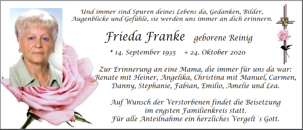 Traueranzeige Frieda Franke