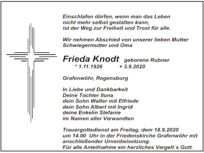 Traueranzeige Frieda Knodt, Grafenwöhr 400x 300