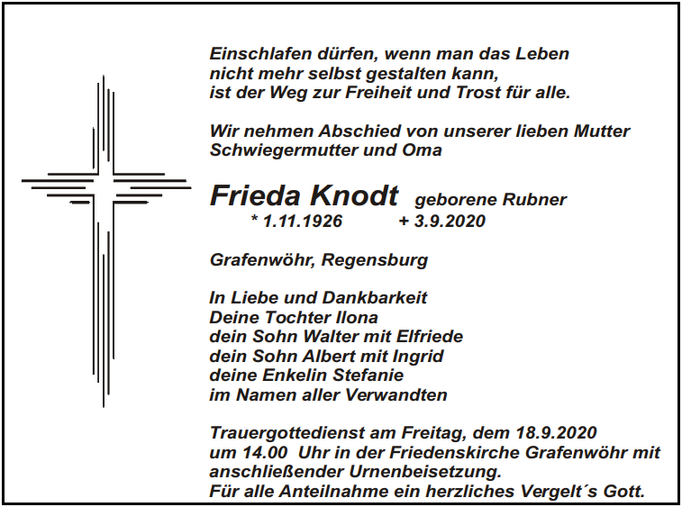 Traueranzeige Frieda Knodt. Grafenwöhr