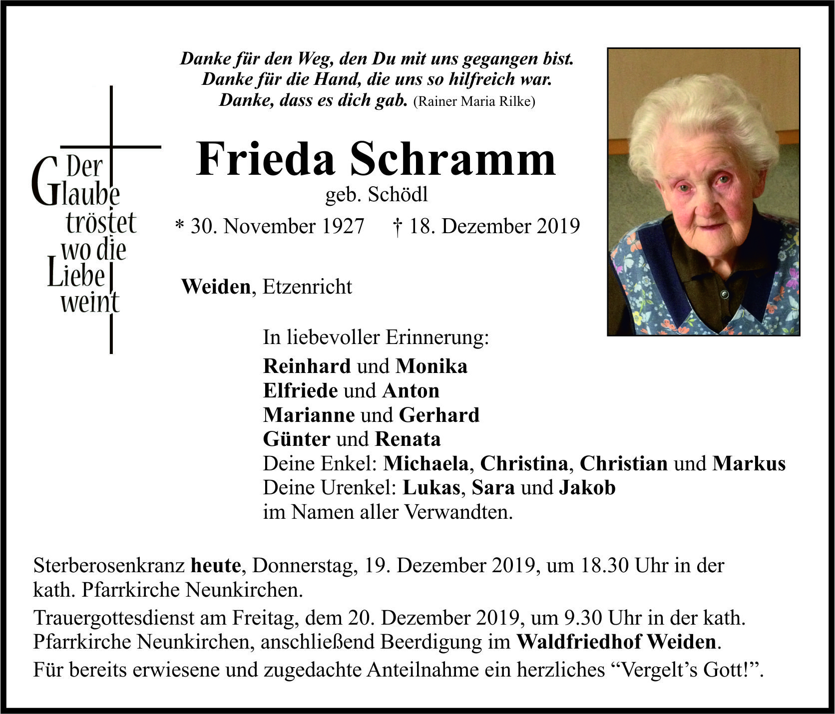 Traueranzeige Frieda Schramm, Weiden Etzenricht