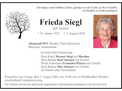 Traueranzeige Frieda Siegl, AltenstadtWN 400