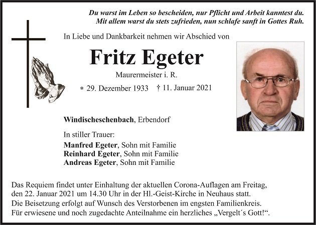 Traueranzeige Fritz Egeter Windischeschenbach