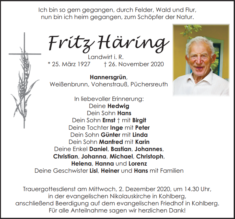 Traueranzeige Fritz Häring, Hannersgrün
