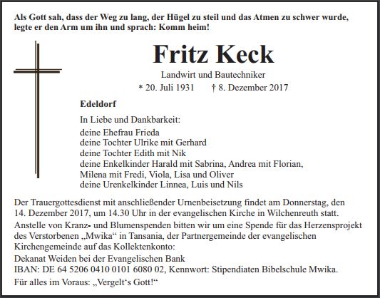 Traueranzeige Fritz Keck Edeldorf