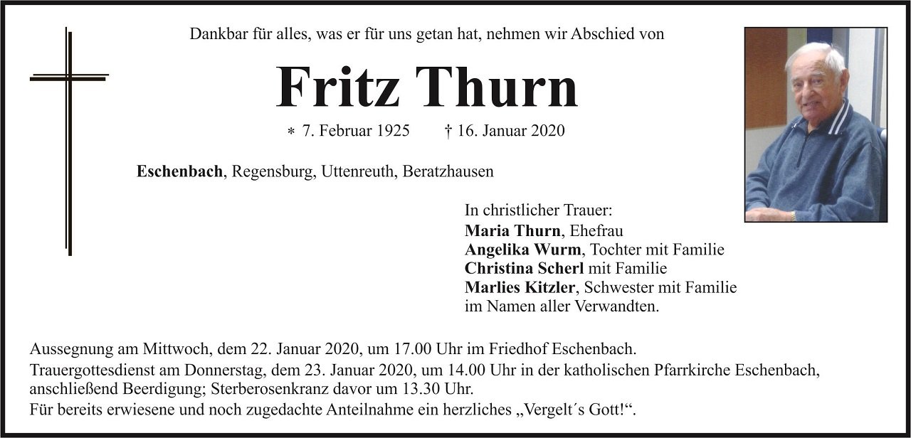 Traueranzeige Fritz Thurn Eschenbach