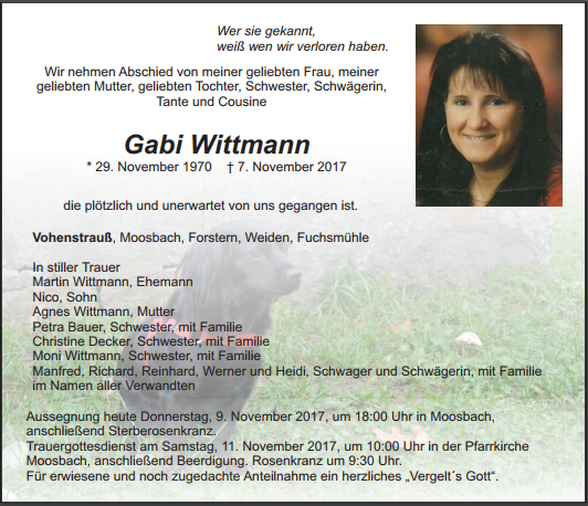 Traueranzeige Gabi Wittmann, Vohenstrauß
